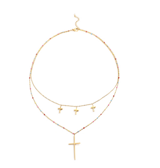 Enamelled Cross Necklace and Earrings Set - 2 Pieces: Necklace (Size 20 with 2-inch Extender) and Matching Earrings