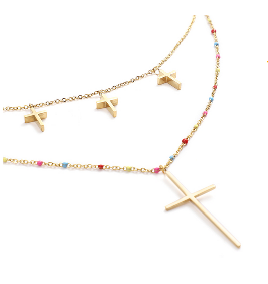 Enamelled Cross Necklace and Earrings Set - 2 Pieces: Necklace (Size 20 with 2-inch Extender) and Matching Earrings