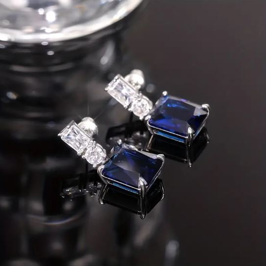 Chic Cuboid Elegance Long Blue & White Synthetic Gems Dangle Earrings women gift