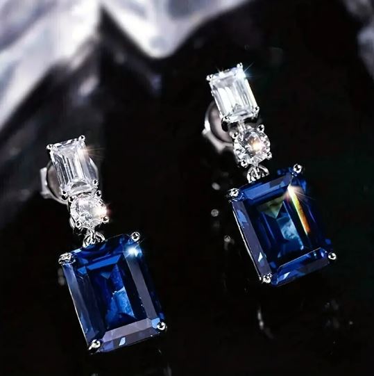 Chic Cuboid Elegance Long Blue & White Synthetic Gems Dangle Earrings women gift