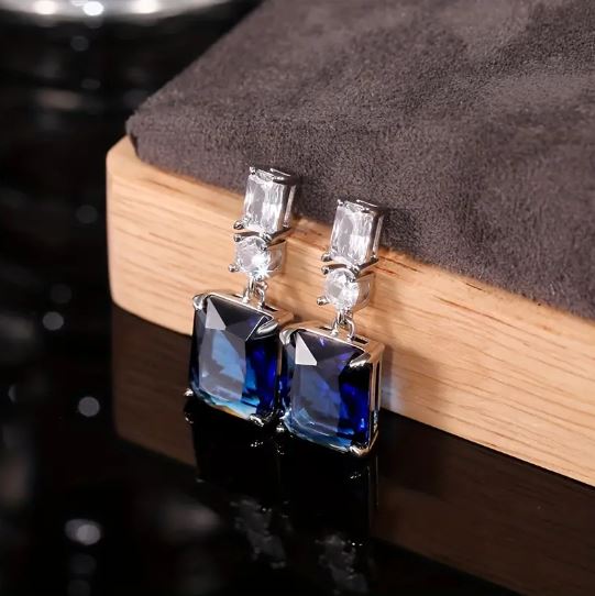 Chic Cuboid Elegance Long Blue & White Synthetic Gems Dangle Earrings women gift