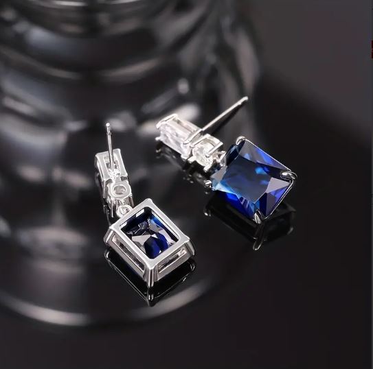 Chic Cuboid Elegance Long Blue & White Synthetic Gems Dangle Earrings women gift