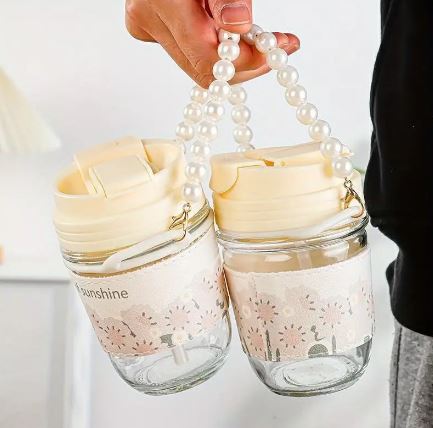 Creative Pearl Bracelet Glass Straw Cup, Double Drinking Cup, High Value, Resistant Water Coffee Cup