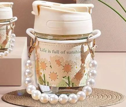 Creative Pearl Bracelet Glass Straw Cup, Double Drinking Cup, High Value, Resistant Water Coffee Cup