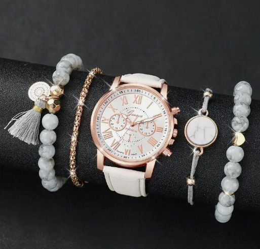 5pcs Jewellery Set Round Pointer Quartz Wrist Watch Analog PU Leather Gift Women