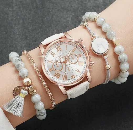 5pcs Jewellery Set Round Pointer Quartz Wrist Watch Analog PU Leather Gift Women