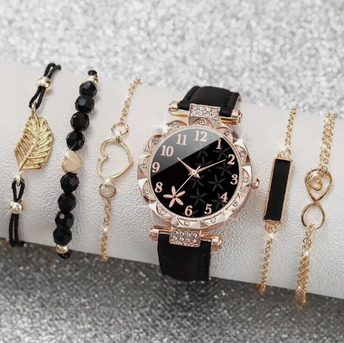 6Pcs Valentines Gift For Her Shiny Quartz Watch, Necklaces, Bracelet, Women Mom