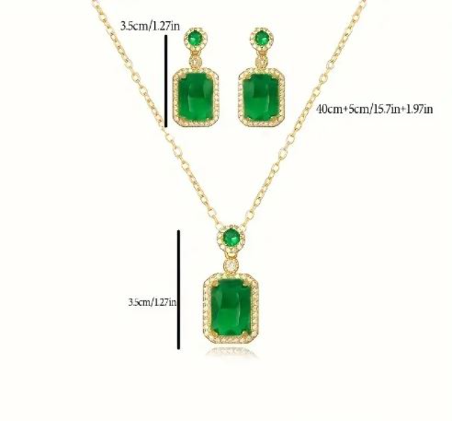 Gold Crystal Rhinestone Necklace Pendant Ring And Earrings Green Set UK