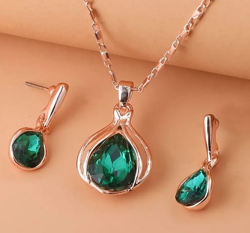 Rose Gold Crystal Necklace Earring Jewellery Set for women