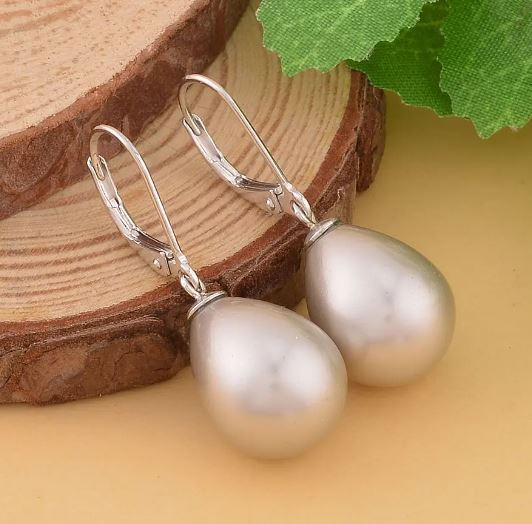 Pink Grey Purple Shell Pearl Solitaire Drop Earrings in Sterling Silver with Rhodium Plating