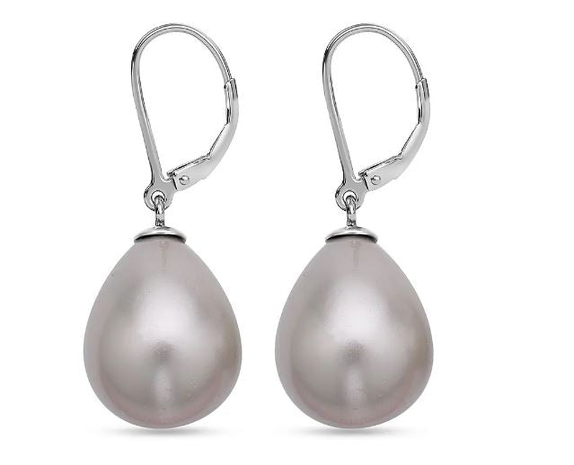 Pink Grey Purple Shell Pearl Solitaire Drop Earrings in Sterling Silver with Rhodium Plating