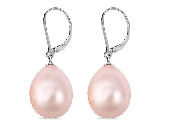 Pink Grey Purple Shell Pearl Solitaire Drop Earrings in Sterling Silver with Rhodium Plating