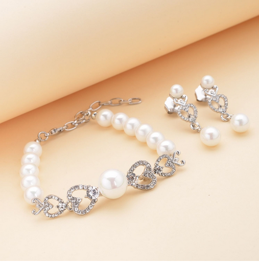 White Shell Pearl and White Austrian Crystal Earrings and Bracelet