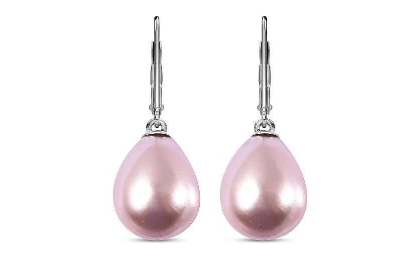 Pink Grey Purple Shell Pearl Solitaire Drop Earrings in Sterling Silver with Rhodium Plating