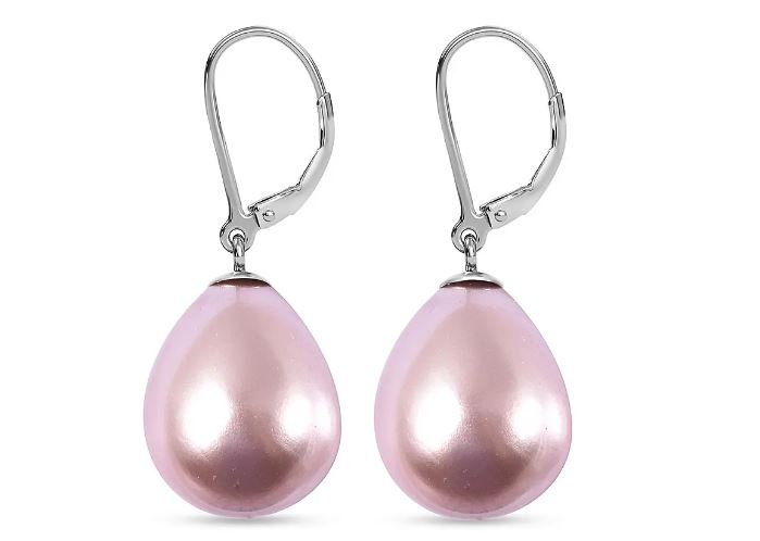 Pink Grey Purple Shell Pearl Solitaire Drop Earrings in Sterling Silver with Rhodium Plating