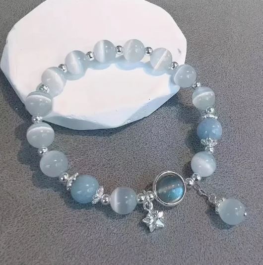 Single Synthetic Opal Stone Beads Bracelet: Crystal Star Grey Moonlight Stone