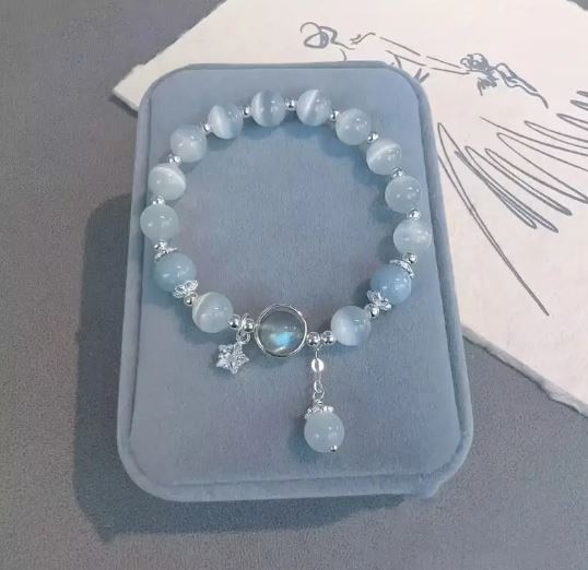 Single Synthetic Opal Stone Beads Bracelet: Crystal Star Grey Moonlight Stone